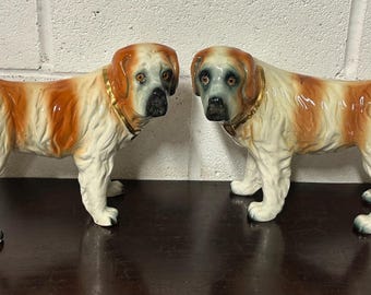 Antique Large Pair Staffordshire St. Bernard Dog Figures 19th Century with Glass Eyes