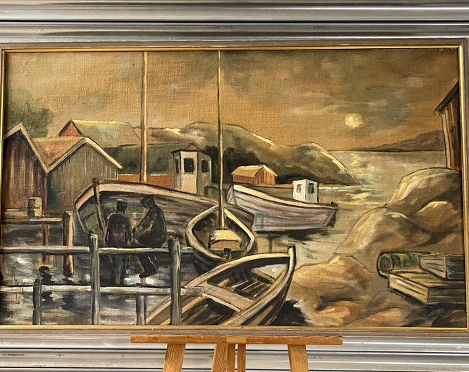 Large Mid Century Swedish School Painting Depicting A Fishing Harbour Sunset Scene - circa 1960’s