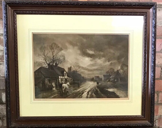 Lovely 19th Century Engraving Titled The Forge - Moonrise By F R London