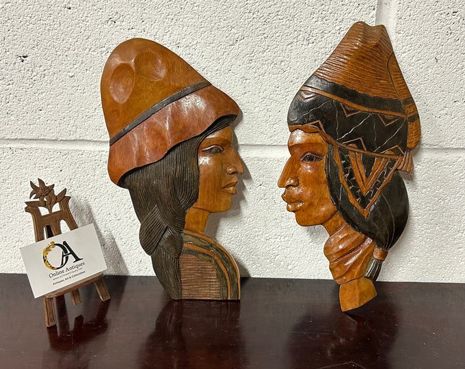 Pair Of Decorative Vintage Mid Century Retro Carved Teak Plaque Figure Heads