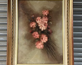 Large Vintage Gilt Framed Oil Painting Floral Still Life By Italian Artist Elio Vitali