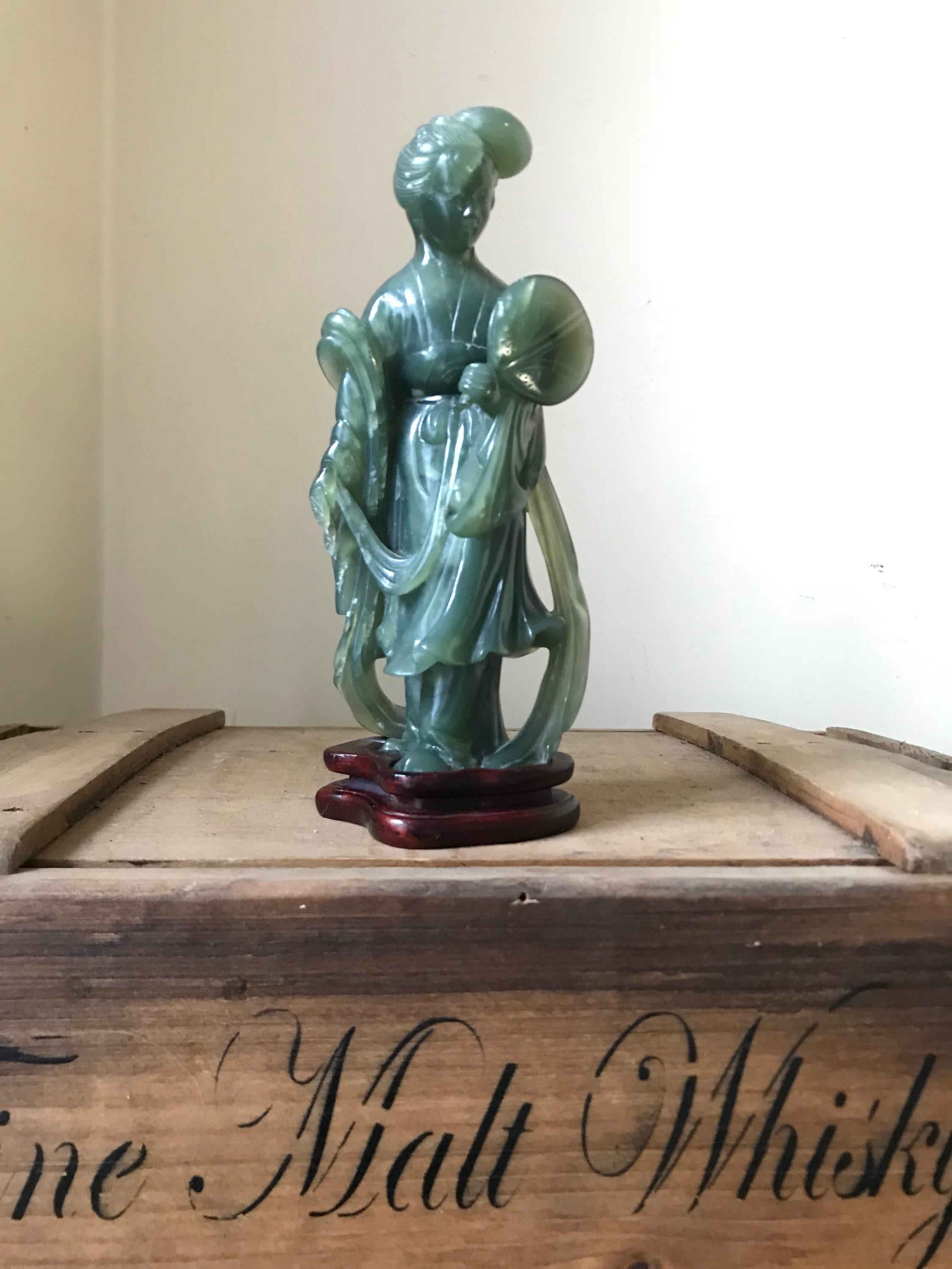 Antique Chinese Carved Green Jade Figurine Of A Tang Lady mounted on a