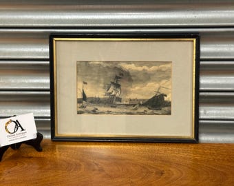 Antique Framed Watercolour – Maritime Harbour Scene with Sailing Ships – 18th / Early 19th Century Style