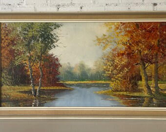 Gorgeous Original Mid Century Oil Painting on Canvas of an Autumn River Scene