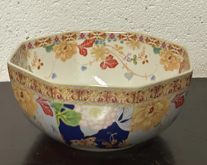 Spode Summer Java 7" Serving Octagonal Bowl #F1994 with Bird of Paradise, Flowers and Butterflies 7"Wx3.5"H