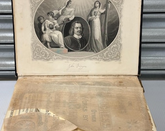19th Century John Bunyan Leather Bound Book Published By William MacKenzie with Handmade Embroidered Bookmark