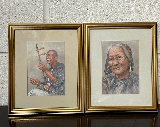 Pair Of Vintage Portrait Prints By Chinese Artist Kam Cheong Ling, (1911-1991)