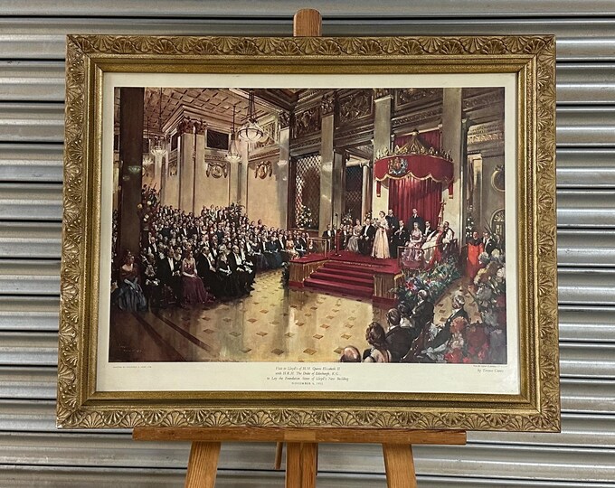 Print Of Visit to Lloyd's by The Queen with Duke of Edinburgh By Terence Cuneo