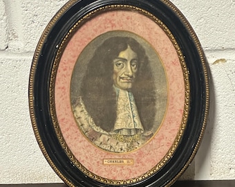 Antique Hand Coloured Engraving Portrait of King Charles II of England, Scotland, & Ireland