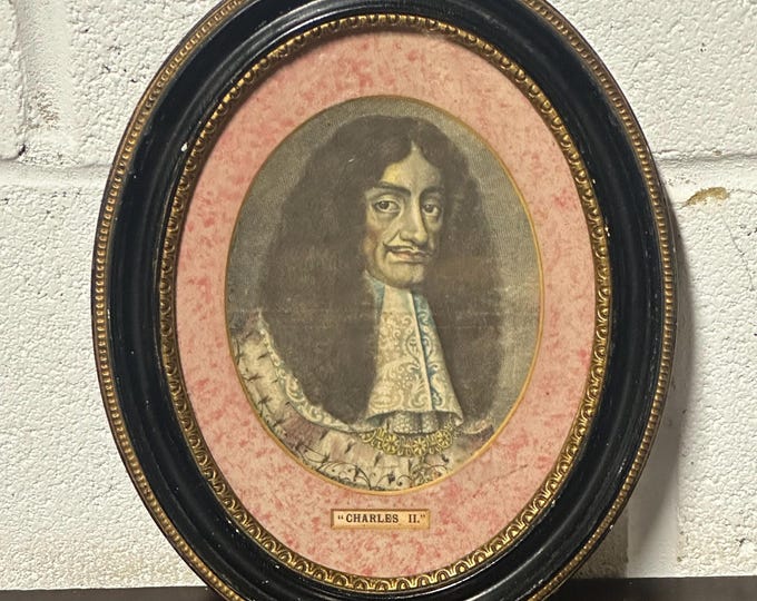 Antique Hand Coloured Engraving Portrait of King Charles II of England, Scotland, & Ireland