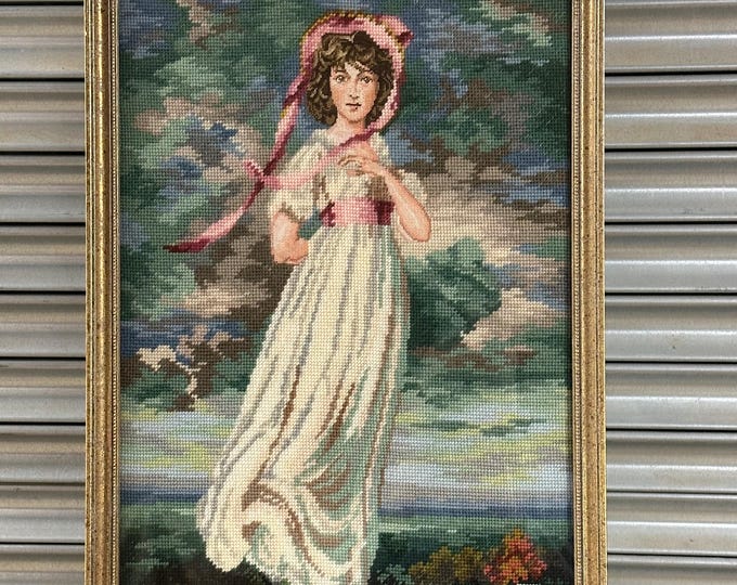 Large Vintage Gilt Framed Woollen Needlepoint “Pinkie” Picture