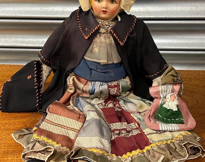 Vintage Papier Mâché & Cloth Rag Doll with Miniature Doll in her hand bag – Handmade Folk Art