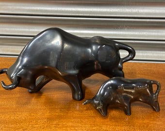 Two Mid Century Retro Ceramic Black Bull Figurines