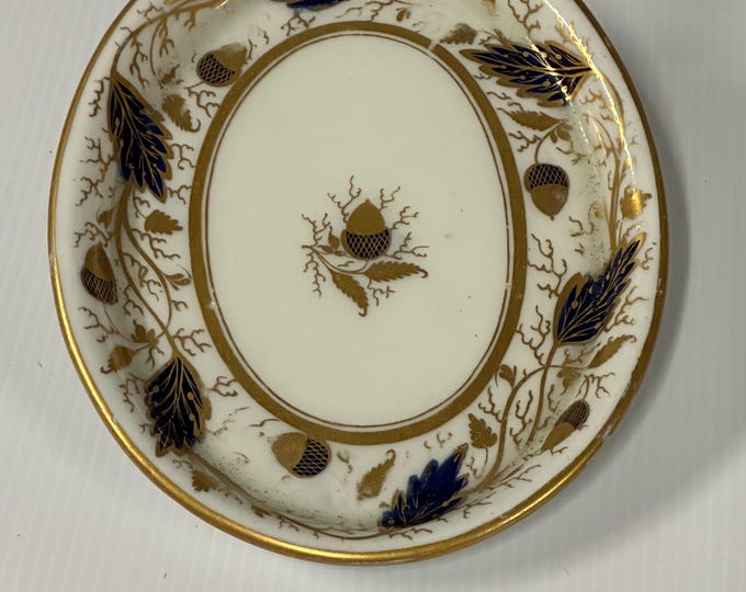 Antique c18th Century New Hall Porcelain Dish Cobalt Blue & Gold, Acorn And Leaf - Design 524