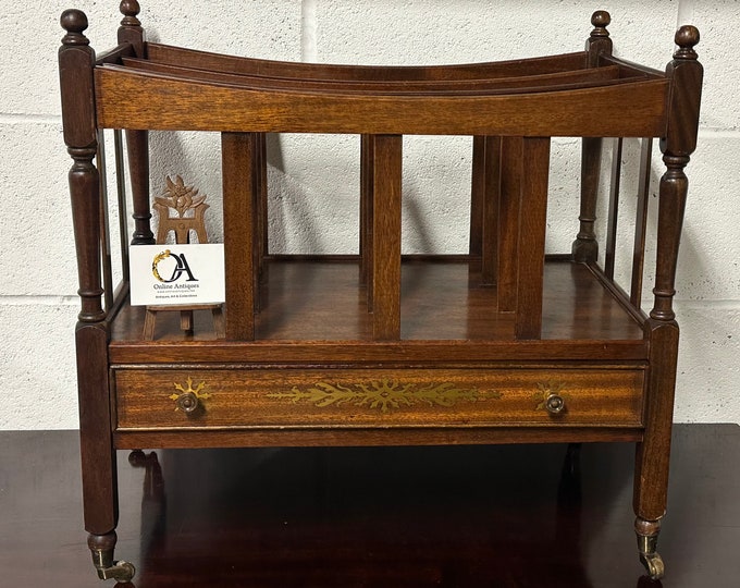 Quality Antique Mahogany Canterbury Magazine Rack With Decorative Brass Inlay