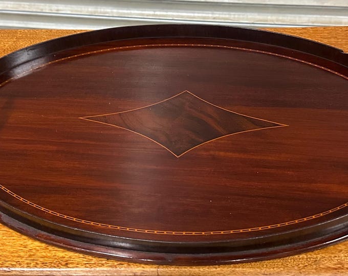 Antique Edwardian Mahogany Oval Serving / Drinks Tray - Inlaid with Brass Handles