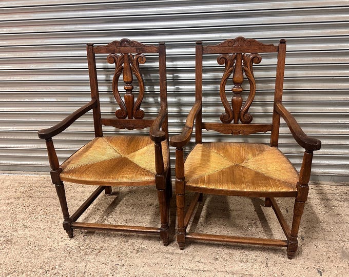 Pair Of Traditional Antique Oak Arts And Crafts Style Rush Seat Armchairs