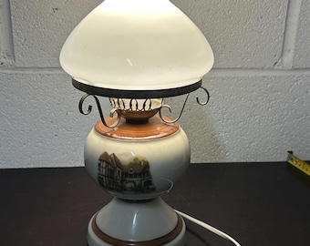 Vintage Ceramic Oil Style Lamp With Coach Horses Scene