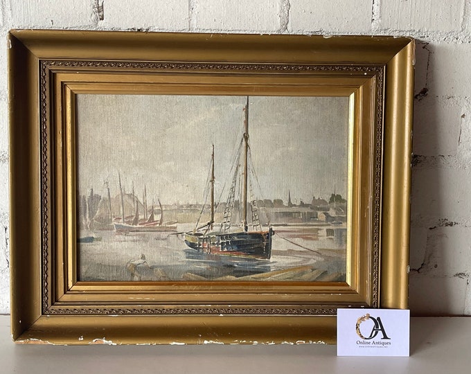 Circa 1950’s Vintage Seascape / Harbour Scene Oil Painting on Canvas