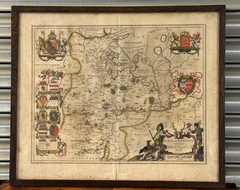 17th Century Antique Hand Coloured Map Of Huntingdonshire By Johannes Janssonius - Original Copperplate Engraving