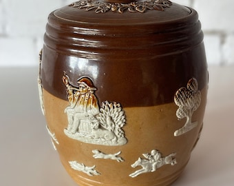 Royal Doulton Lambeth Ware Covered Tobacco Jar Decorated With Hunting Scene