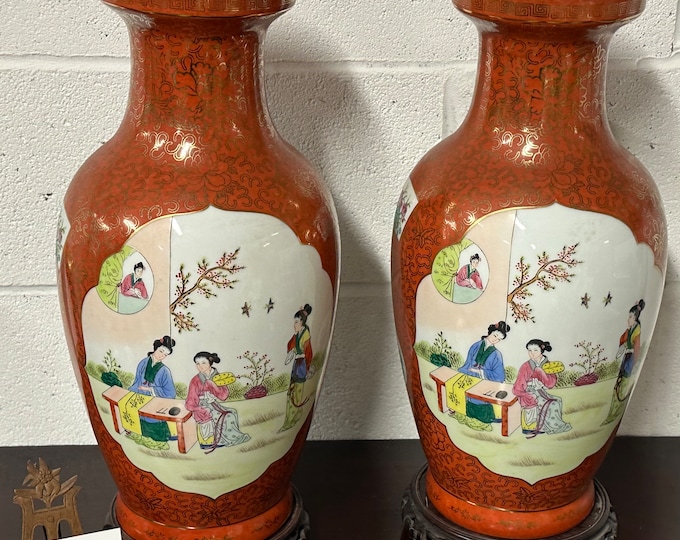 Stunning Vintage Pair Of Large Japanese Orange Vases Displayed On Hardwood Stands