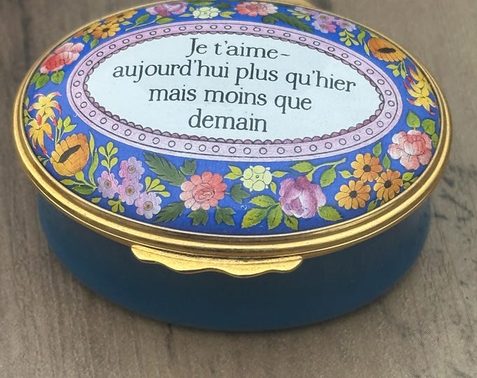 Vintage Halcyon Days Blue Floral Enamel Pill Trinket Box French Love Verse