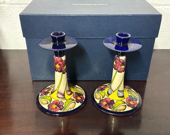 Pair Of Stunning Moorcroft ‘Pansy’ Candle Holders Designed By Kerry Goodwin 2010 with Box