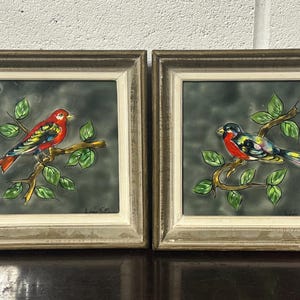 Beautiful Pair Of Vintage Provence Ardeco Vallauris Framed Bird Tiles