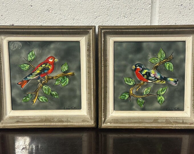 Beautiful Pair Of Vintage Provence Ardeco Vallauris Framed Bird Tiles