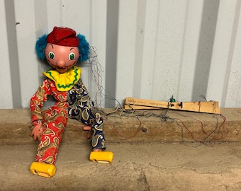 Vintage Pelham Clown Puppet Marionette with Original Box, Control & Instructions – Made in England