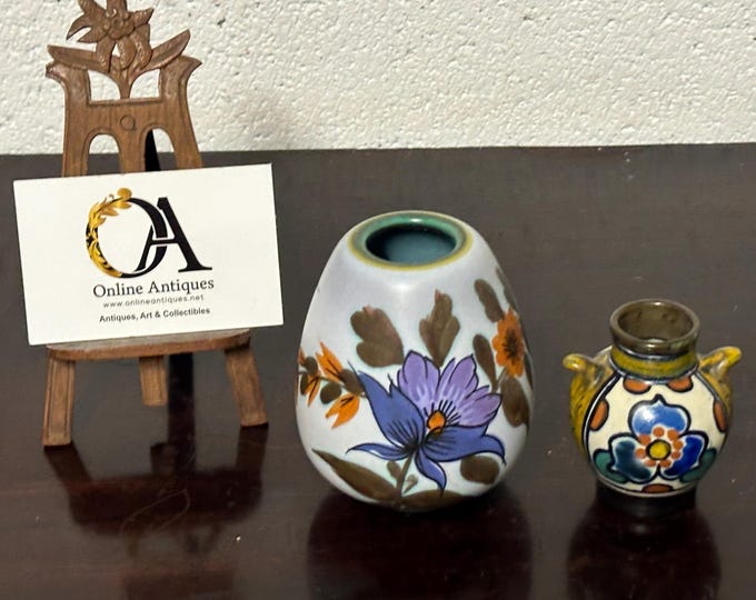 Two Antique Vintage Dutch Gouda Holland Pottery Vases