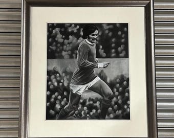 Original Large Chalk & Charcoal Artwork Of Footballer, George Best By Mark McMeekin.