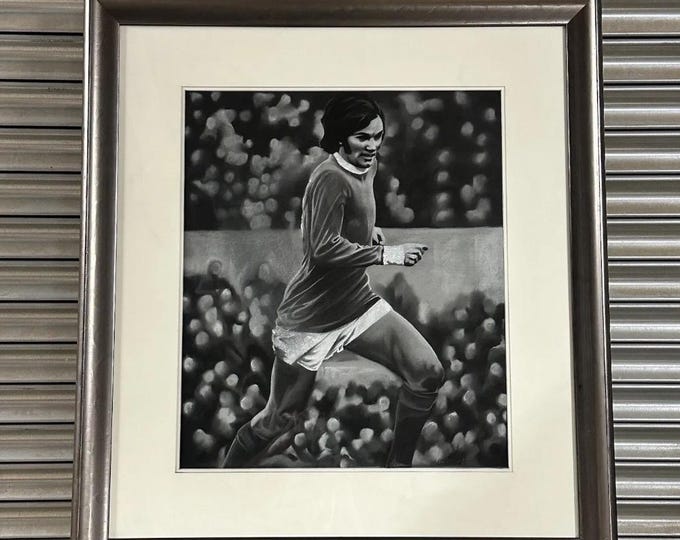 Original Large Chalk & Charcoal Artwork Of Footballer, George Best By Mark McMeekin.