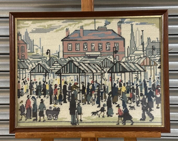 Vintage Framed & Glazed Tapestry Embroidery Of The L S Lowry Market Scene