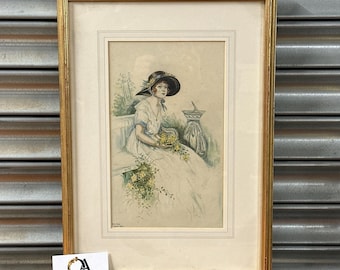 Lovely 1926 Watercolour – Signed K.E. Field – Art Deco Period Lady Garden Scene - 100 Years Old!