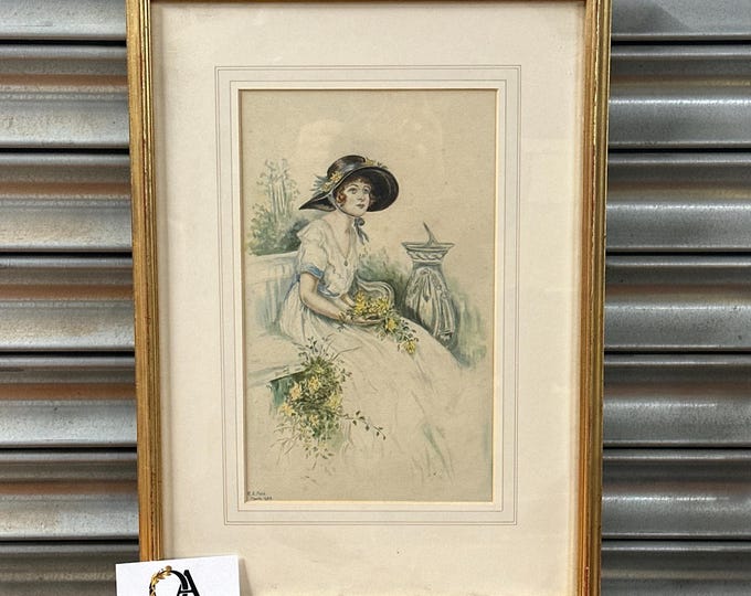 Lovely 1926 Watercolour – Signed K.E. Field – Art Deco Period Lady Garden Scene - 100 Years Old!