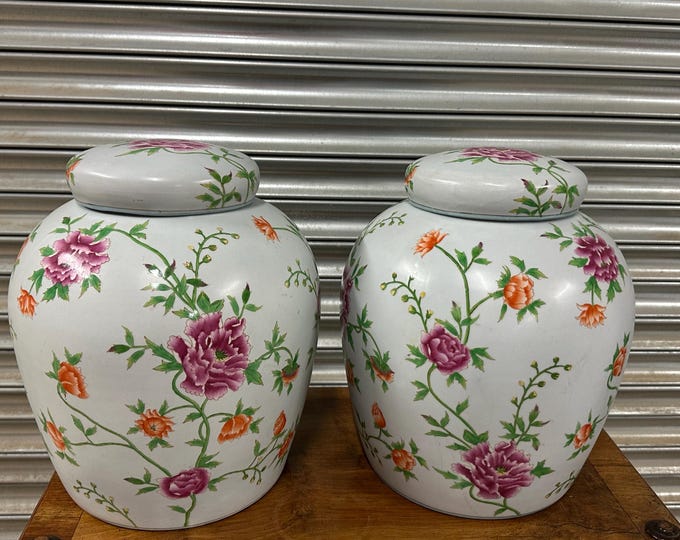 Very Large Pair of Decorative Lidded Ginger Jars – Hand-Painted Floral Design