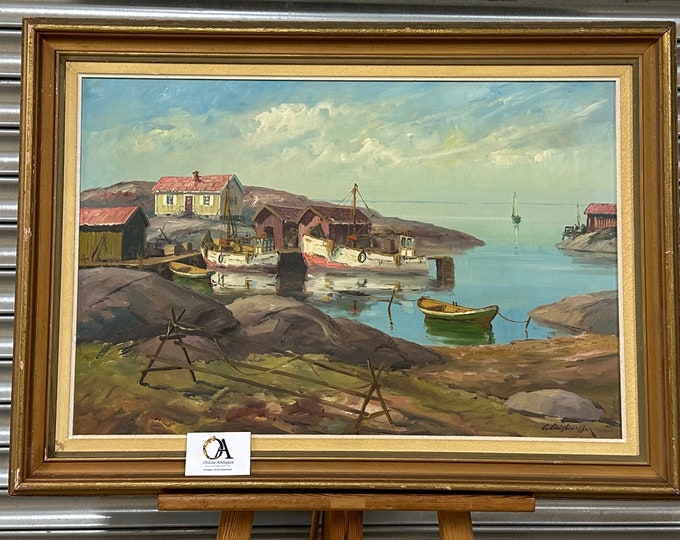 Mid Century Circa 1960’s/70’s Swedish Carl Christiansson Painting of a Scandinavian Harbour Scene