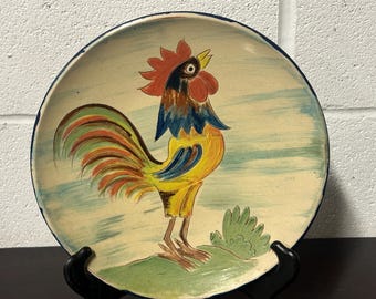 Vintage 1960’s Spanish Puigdemont Studio Art Pottery Glazed Ceramic Hand Painted Decorative Plate / Wall Plate - Cockerel Design