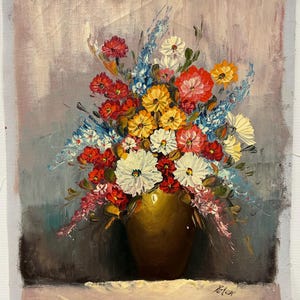 Beautiful Original Vintage Still Life Oil Painting Of A Vase Of Flowers, Signed Peter lower right