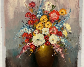 Beautiful Original Vintage Still Life Oil Painting Of A Vase Of Flowers, Signed Peter lower right