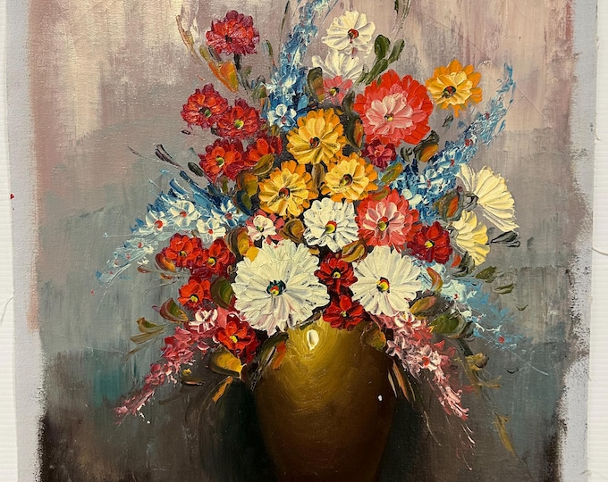 Beautiful Original Vintage Still Life Oil Painting Of A Vase Of Flowers, Signed Peter lower right