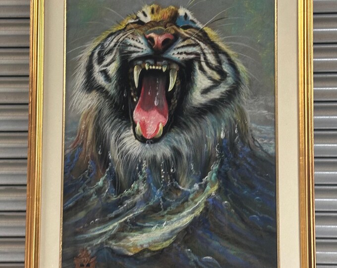 Superb Original Artwork Painting Of A Fierce Tiger Signed Christian 1994