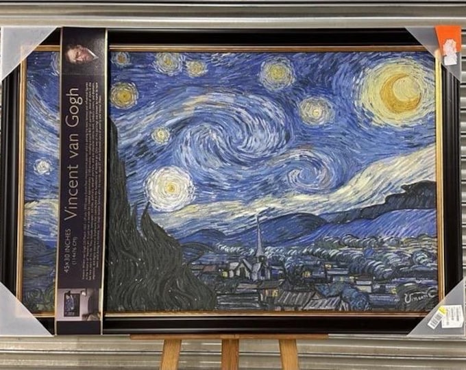 Large Vincent van Gogh “The Starry Night” Oleograph Print – Framed Wall Art