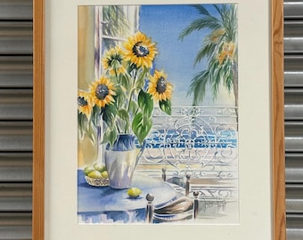 Lovely Watercolour Painting by Julie King – Sunflowers on Mediterranean Terrace Dated 2000