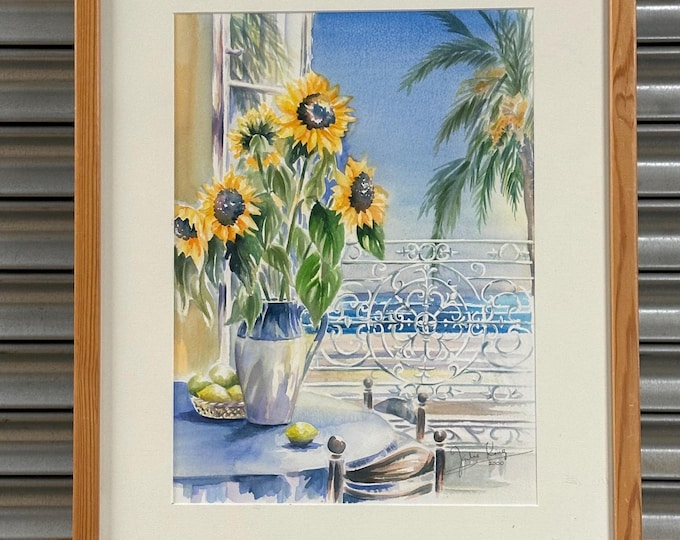 Lovely Watercolour Painting by Julie King – Sunflowers on Mediterranean Terrace Dated 2000