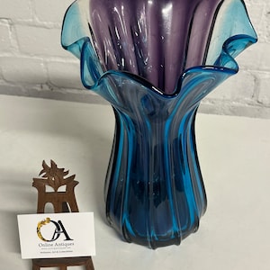 Large Vintage Mid Century Murano Style Blue / Purple Glass Vase