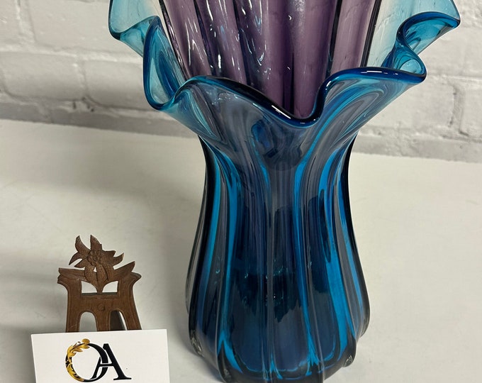 Large Vintage Mid Century Murano Style Blue / Purple Glass Vase