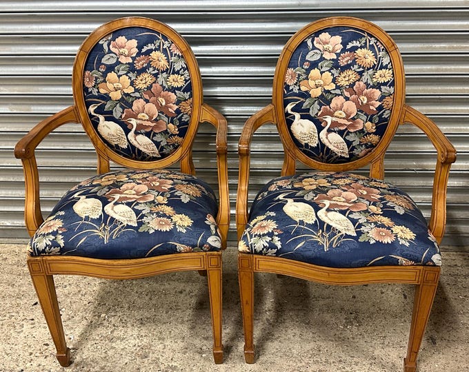 Stunning Pair Of Vintage Satin Birch Armchairs with Upholstered Seats and Backs